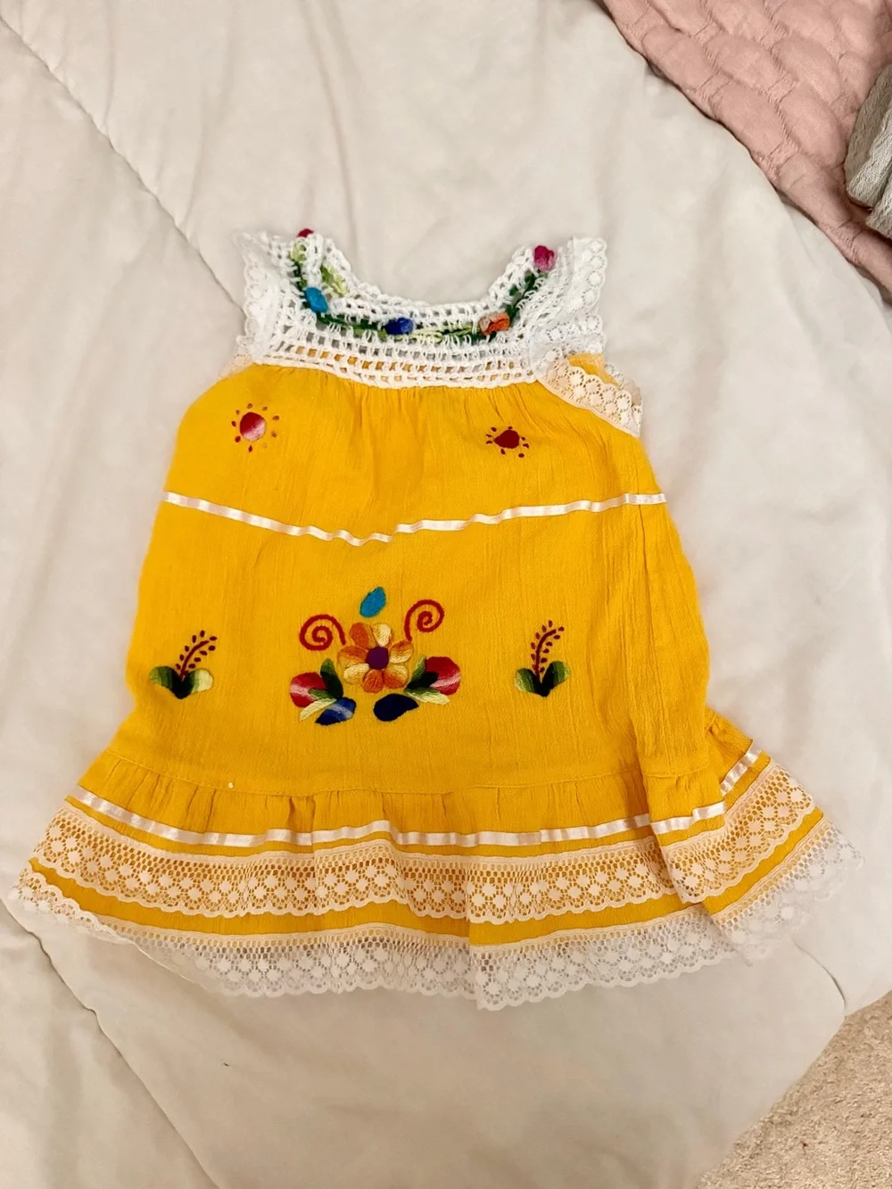 Yellow Embroidered Cotton Baby Dress with Crochet Trim